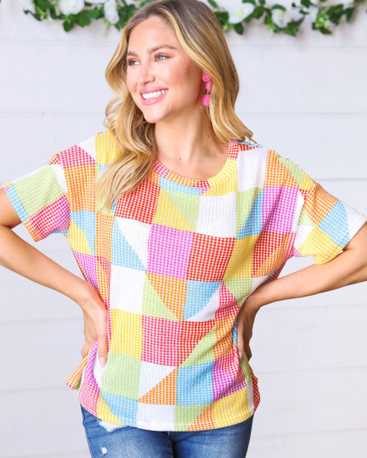 Pastel Geometric Textured Knit Top