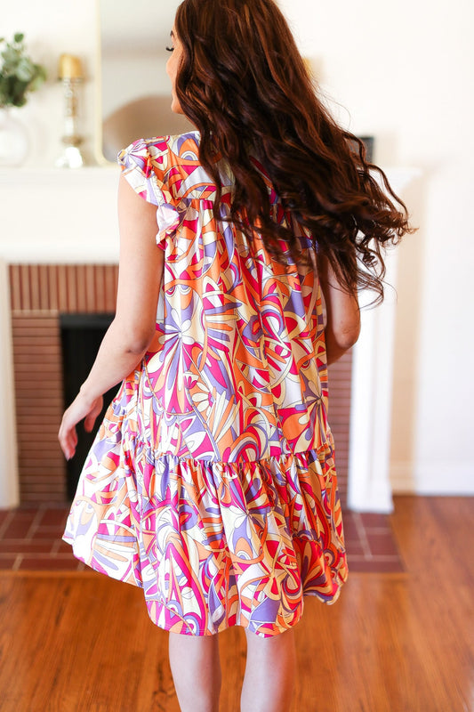 Geometric Midi Flutter Sleeve Dress