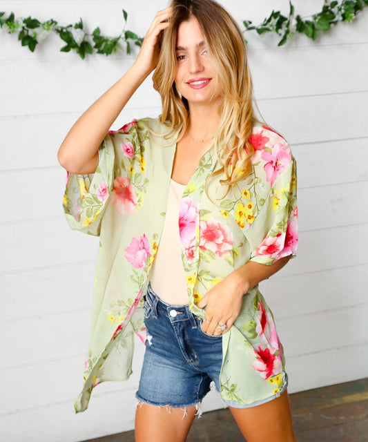 Sage Floral Chiffon Cover-Up Kimono