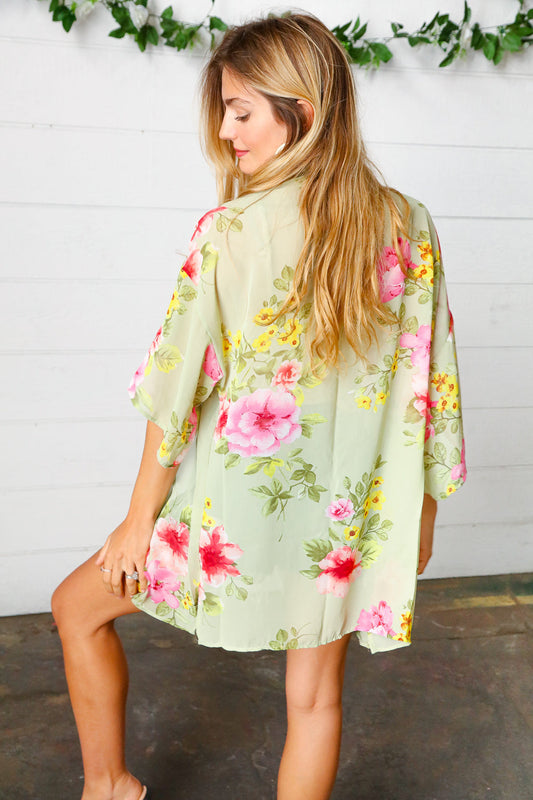 Sage Floral Chiffon Cover-Up Kimono