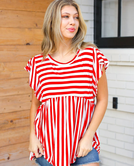 Striped Babydoll Flutter Sleeve Top