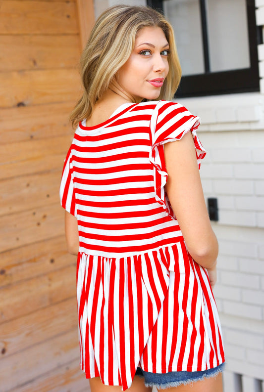 Striped Babydoll Flutter Sleeve Top