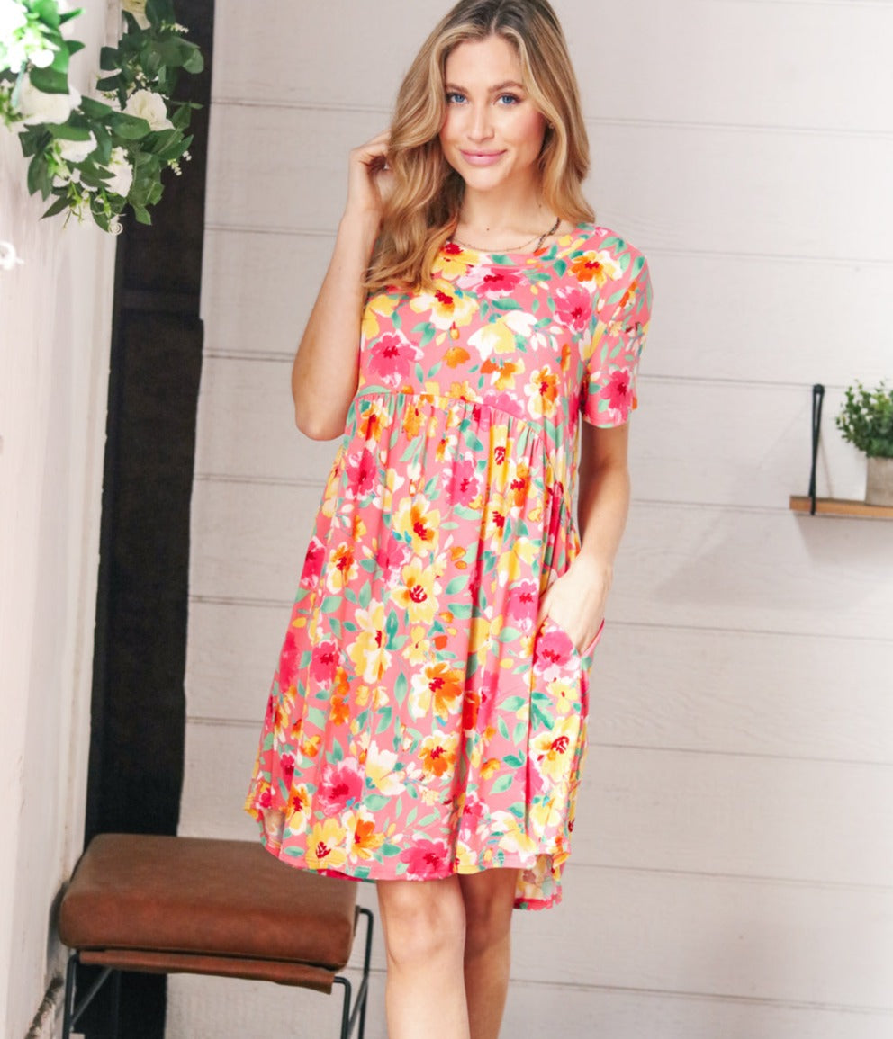 Coral Floral Babydoll Fit & Flare Dress