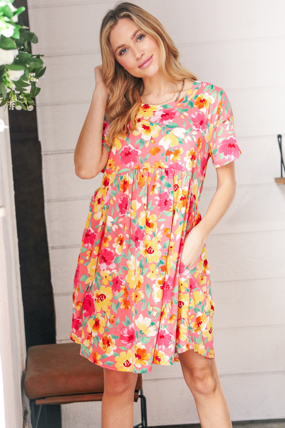 Coral Floral Babydoll Fit & Flare Dress