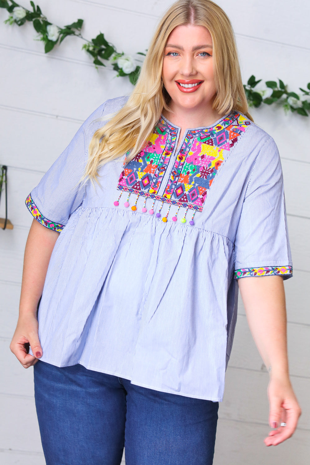 Navy Striped Embroidered Beaded Top