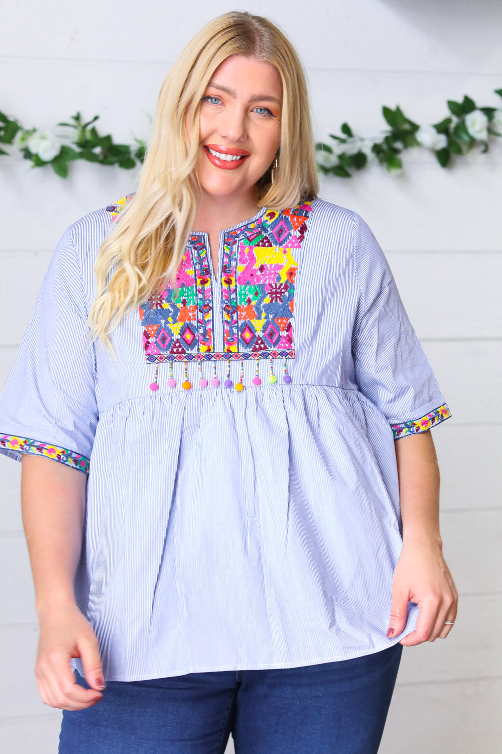 Navy Striped Embroidered Beaded Top