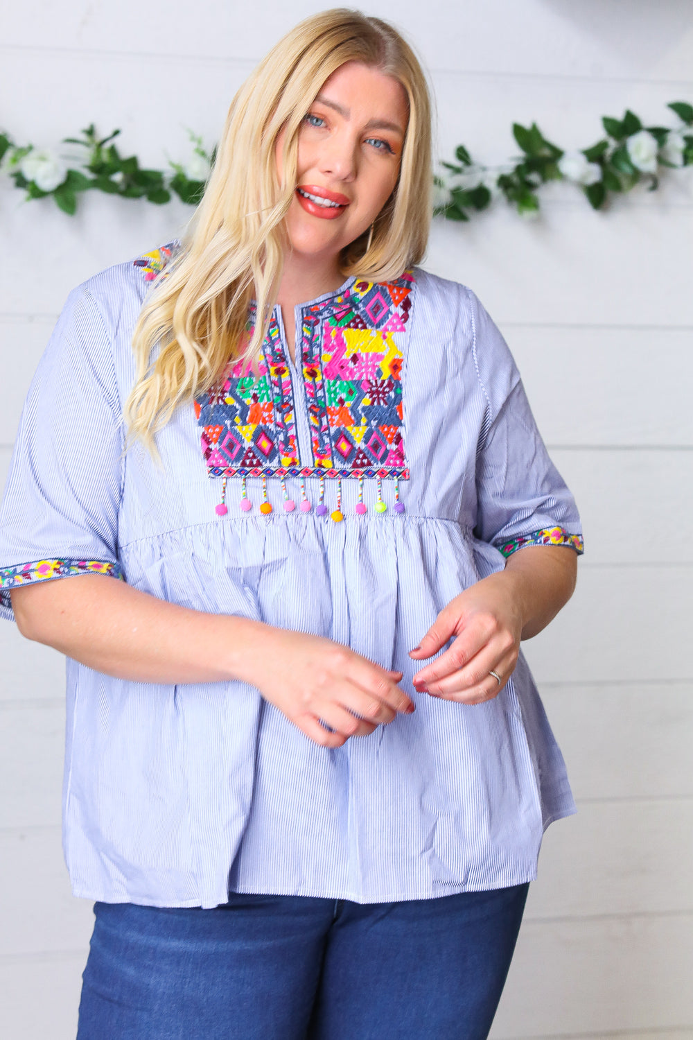 Navy Striped Embroidered Beaded Top