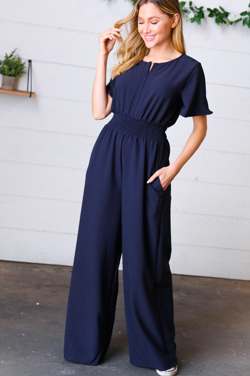 Layover Smocked Waist Crepe Jumpsuit