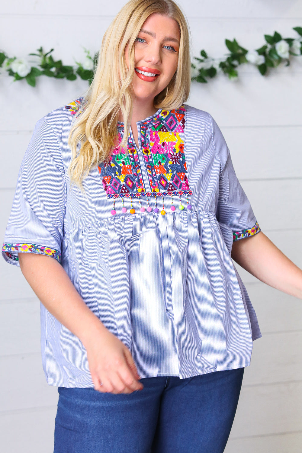 Navy Striped Embroidered Beaded Top