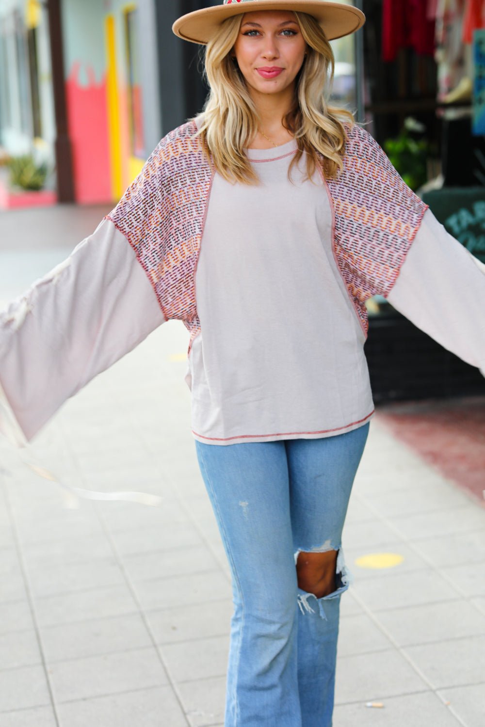 Chevron Raglan Lace-Up Bell Sleeve Top