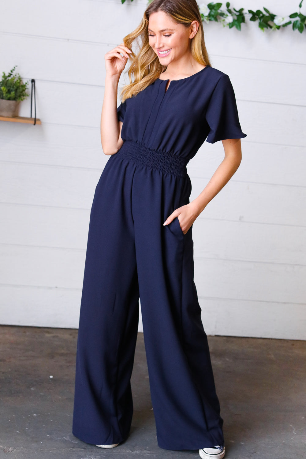 Layover Smocked Waist Crepe Jumpsuit