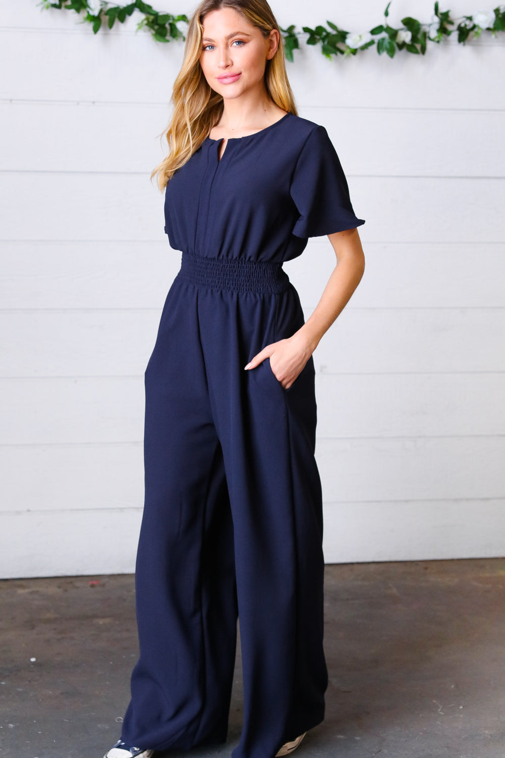 Layover Smocked Waist Crepe Jumpsuit