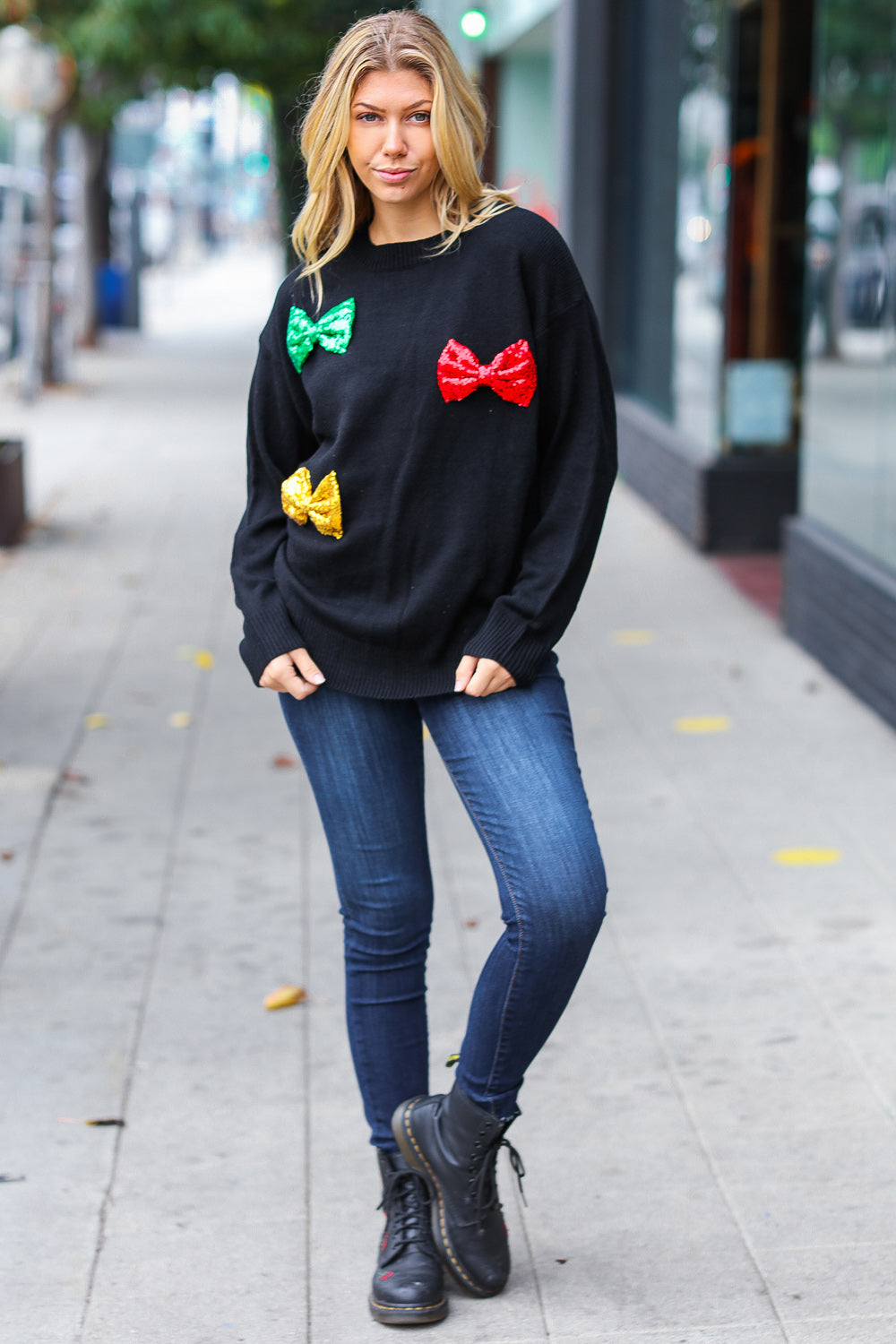 Be Merry Sequin Bow Knit Sweater