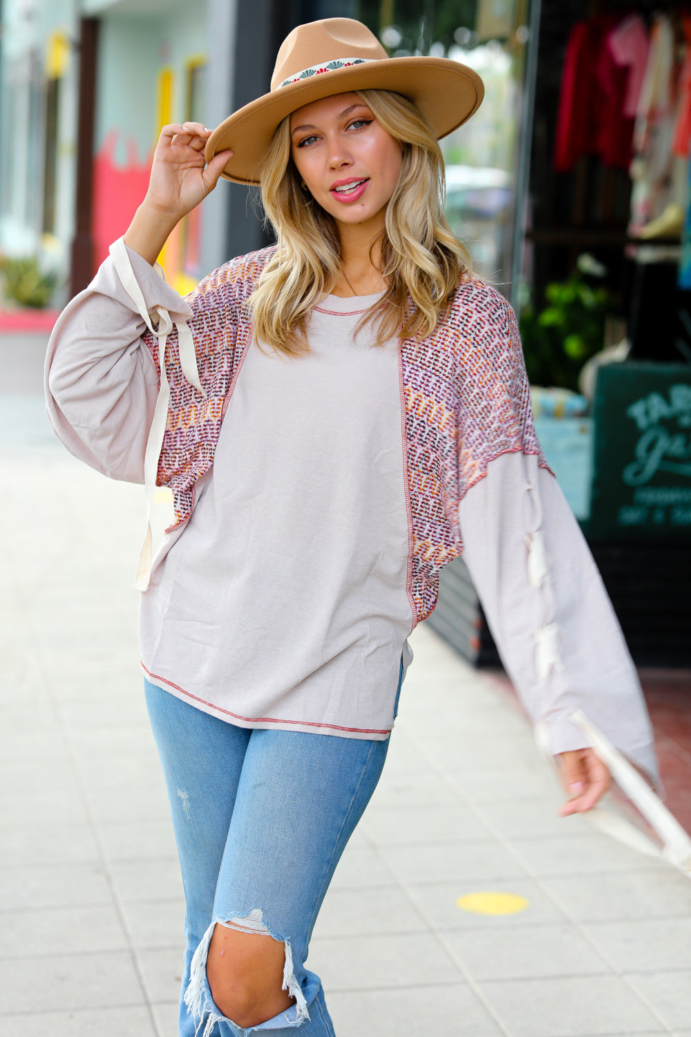 Chevron Raglan Lace-Up Bell Sleeve Top