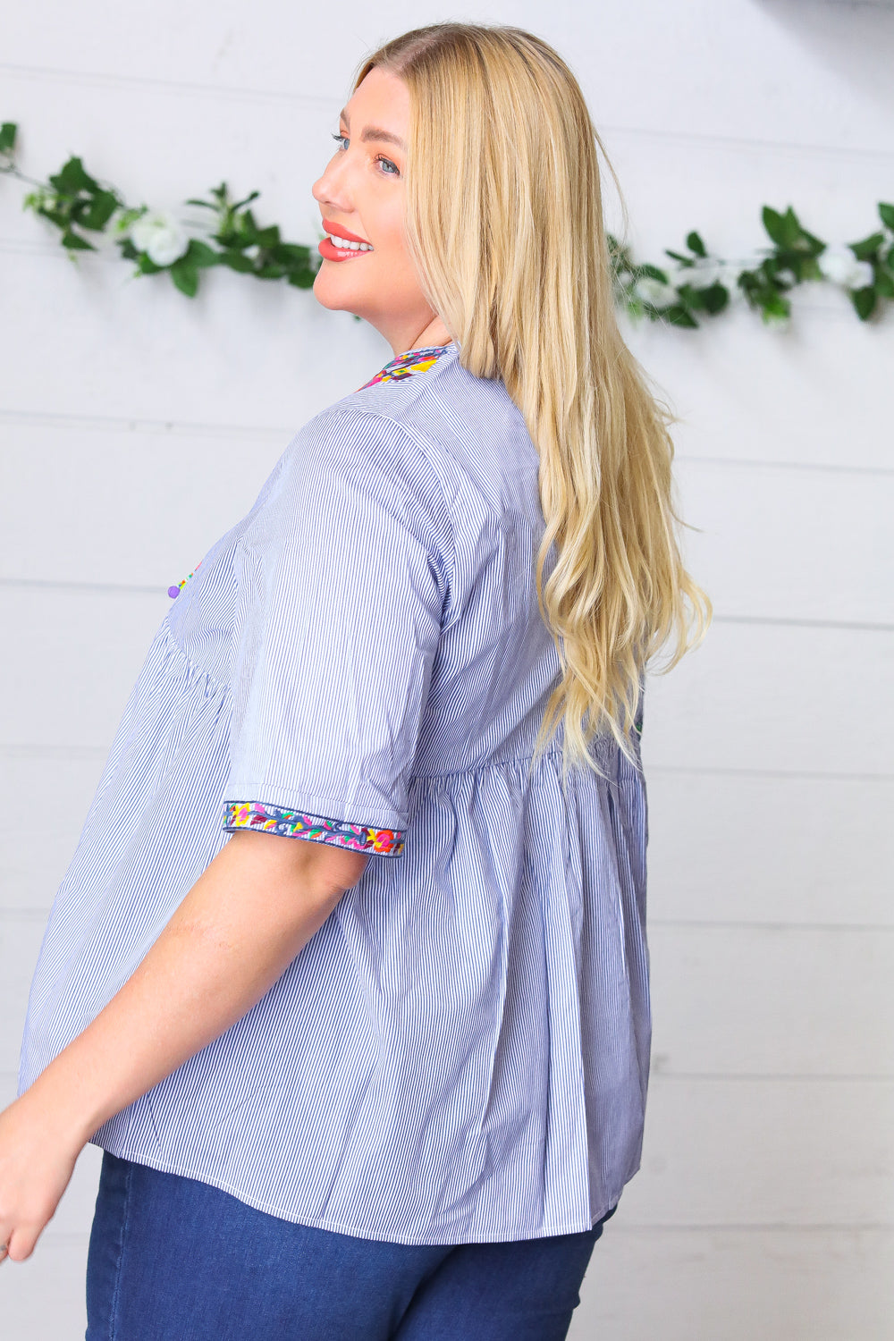 Navy Striped Embroidered Beaded Top