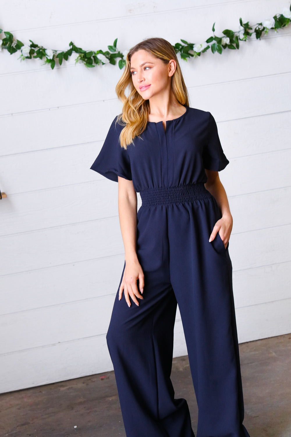 Layover Smocked Waist Crepe Jumpsuit