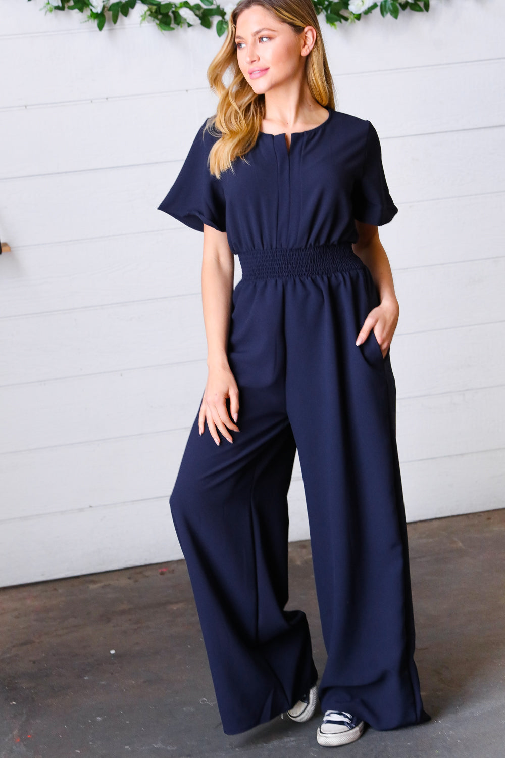 Layover Smocked Waist Crepe Jumpsuit