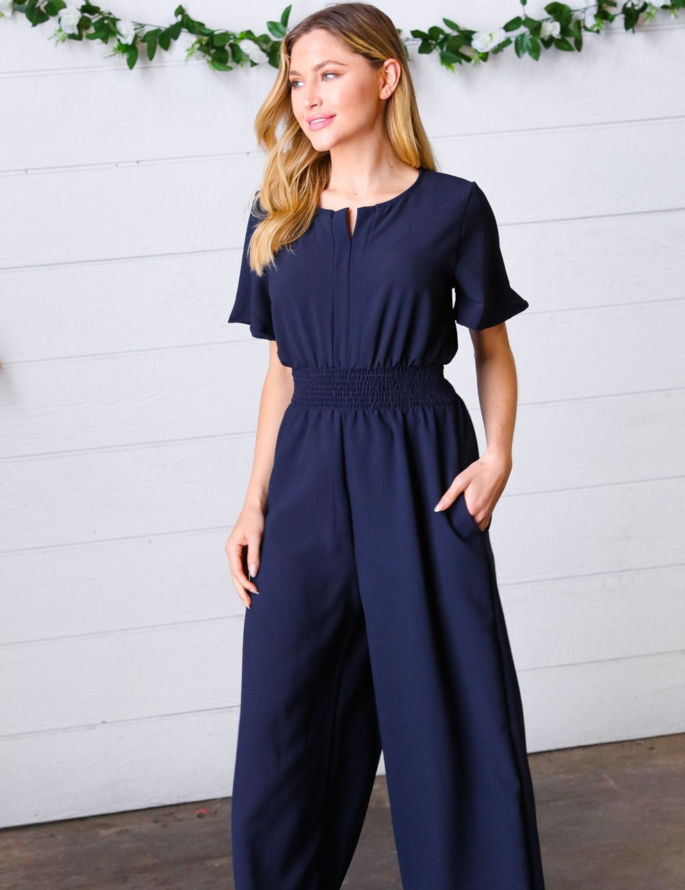 Layover Smocked Waist Crepe Jumpsuit