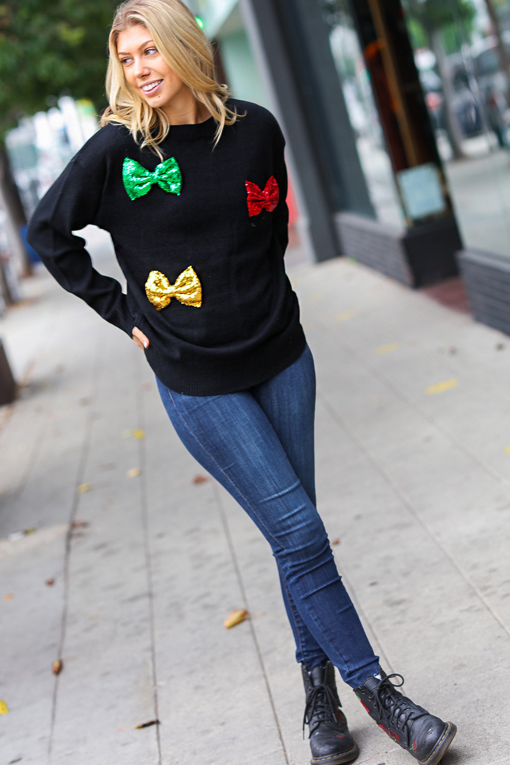 Be Merry Sequin Bow Knit Sweater