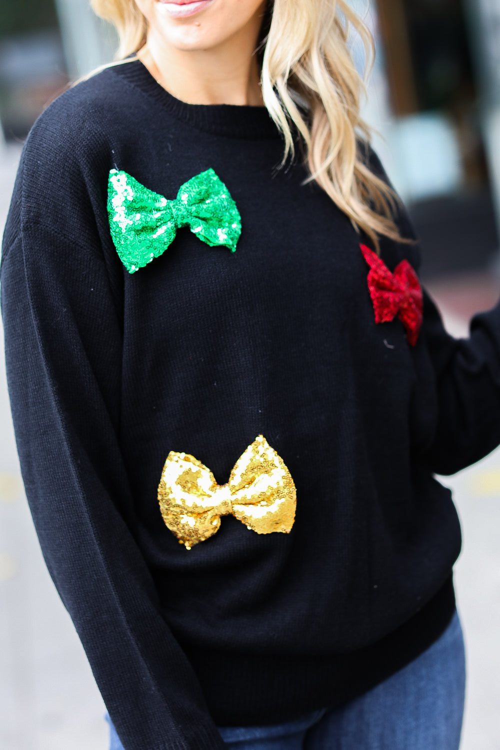 Be Merry Sequin Bow Knit Sweater