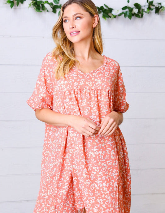 Peach Ditzy Floral Dolman Dress