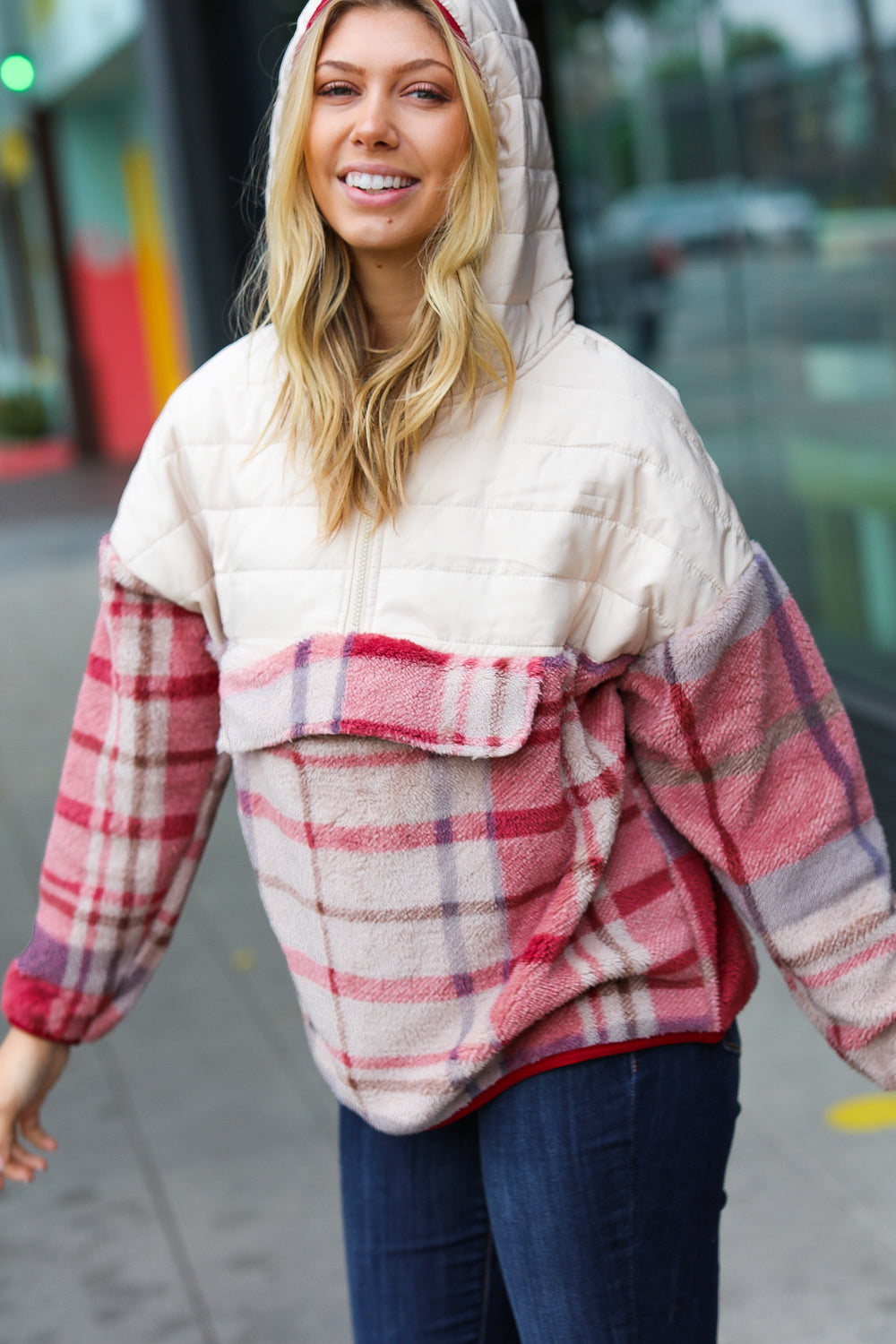 Tried & True Plaid Half-Zip Puffer Hoodie