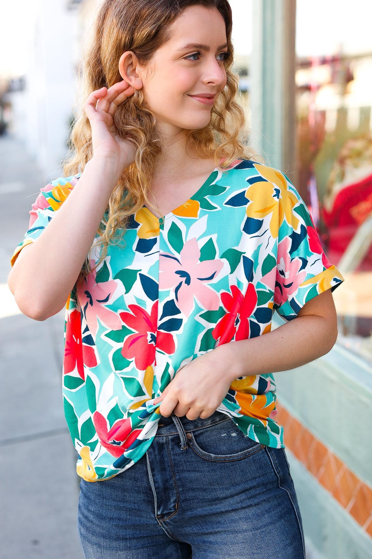 Coral Floral V-Neck Top