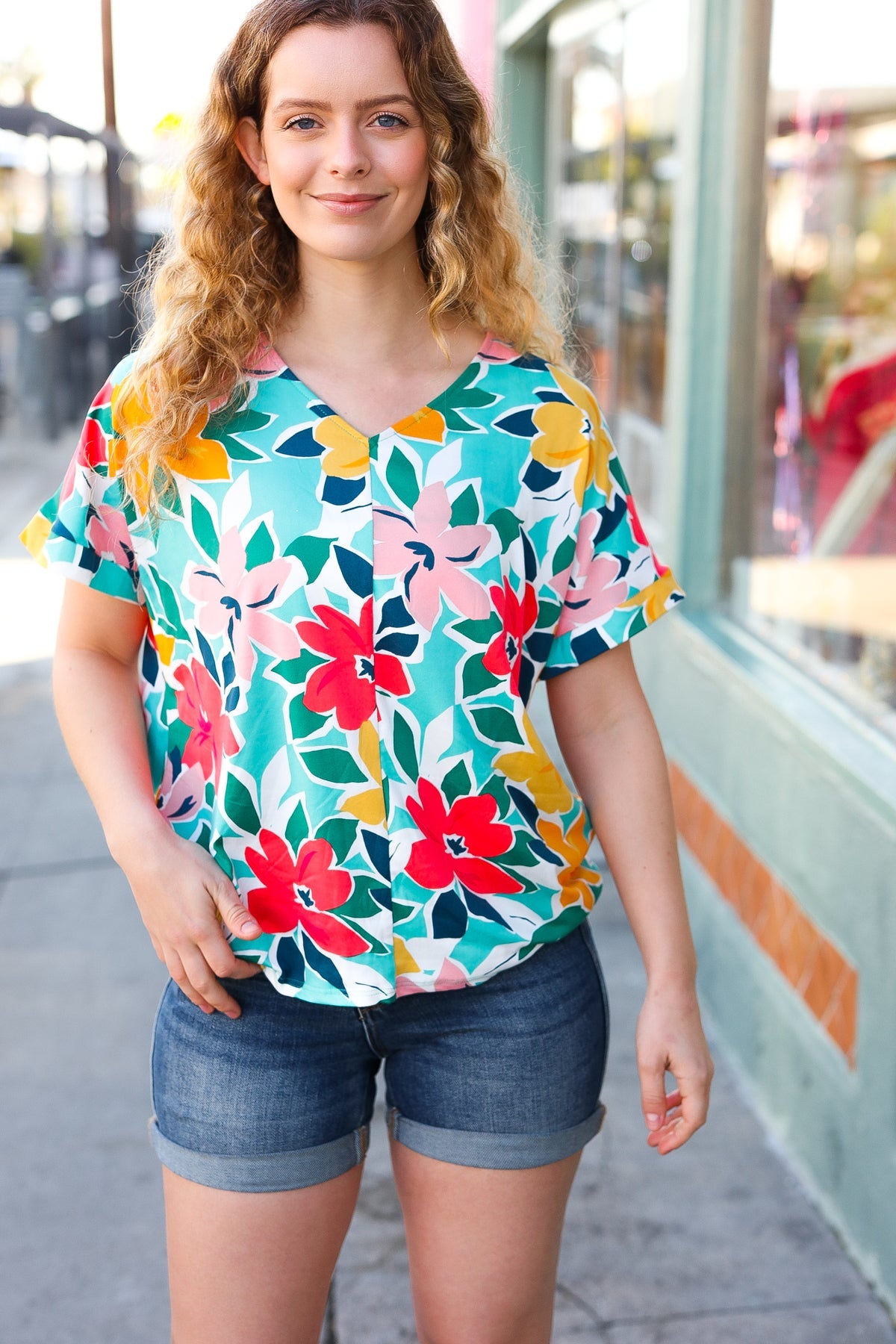 Coral Floral V-Neck Top