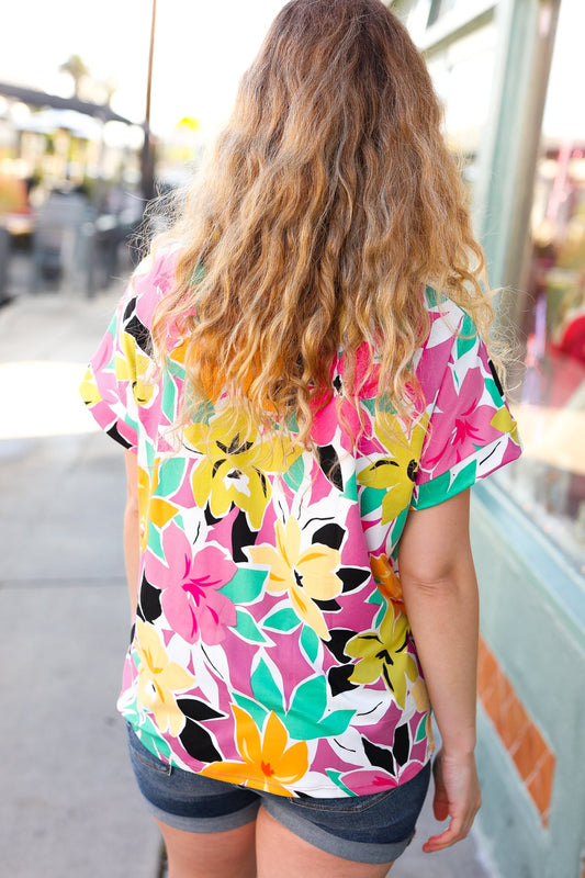 Fuchsia Floral V-Neck Top