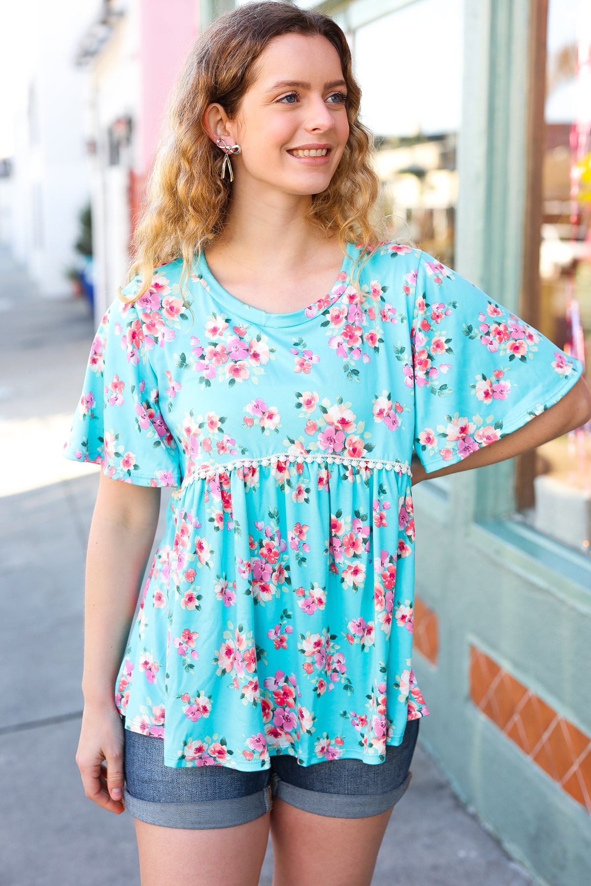 Sky Blue Floral Peplum Babydoll Top