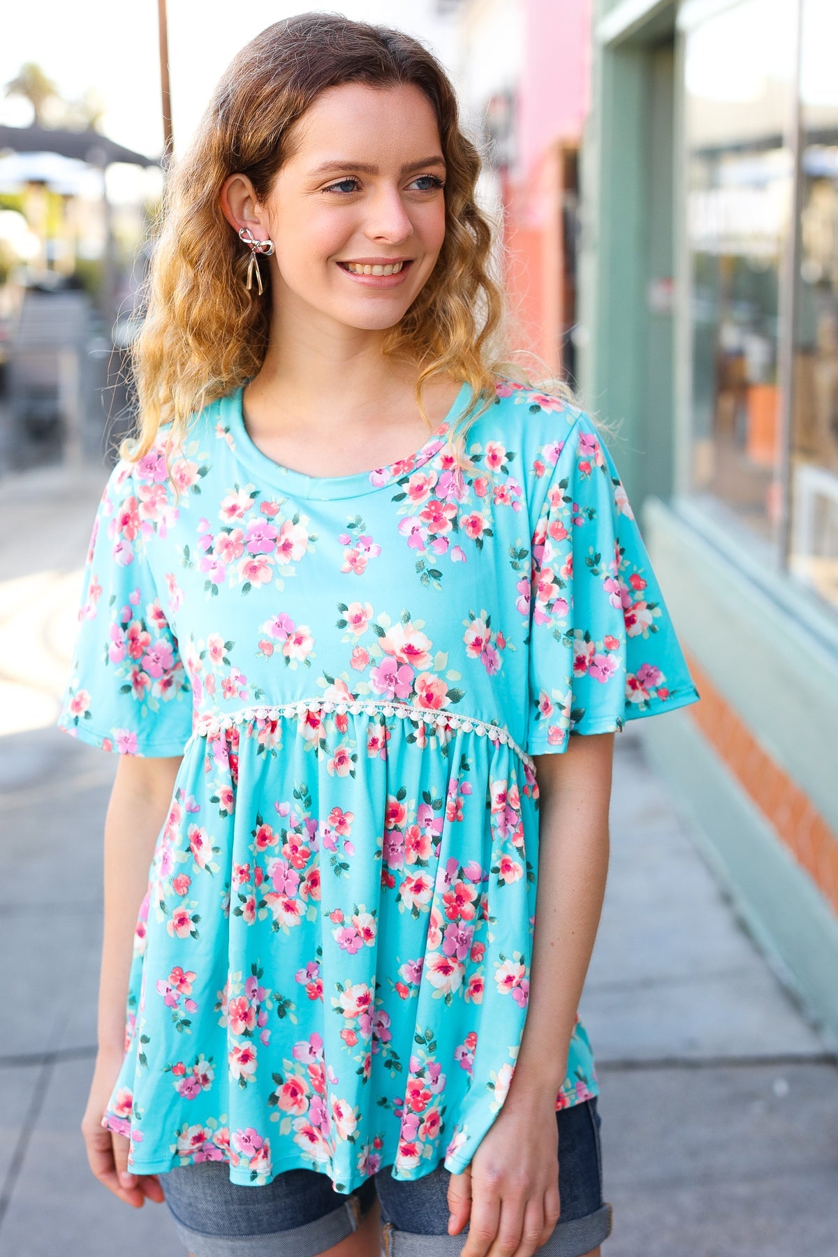 Sky Blue Floral Peplum Babydoll Top