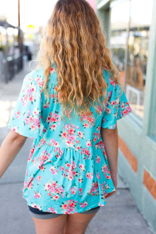 Sky Blue Floral Peplum Babydoll Top