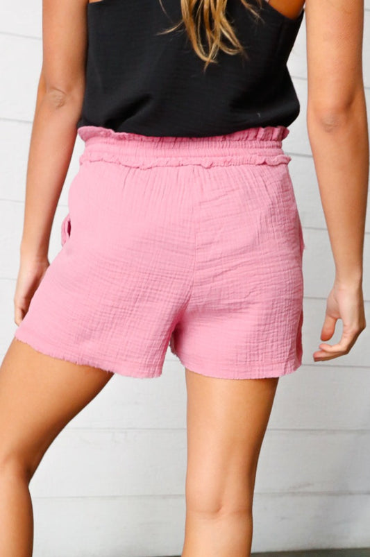 Rose Double Gauze Drawstring Shorts