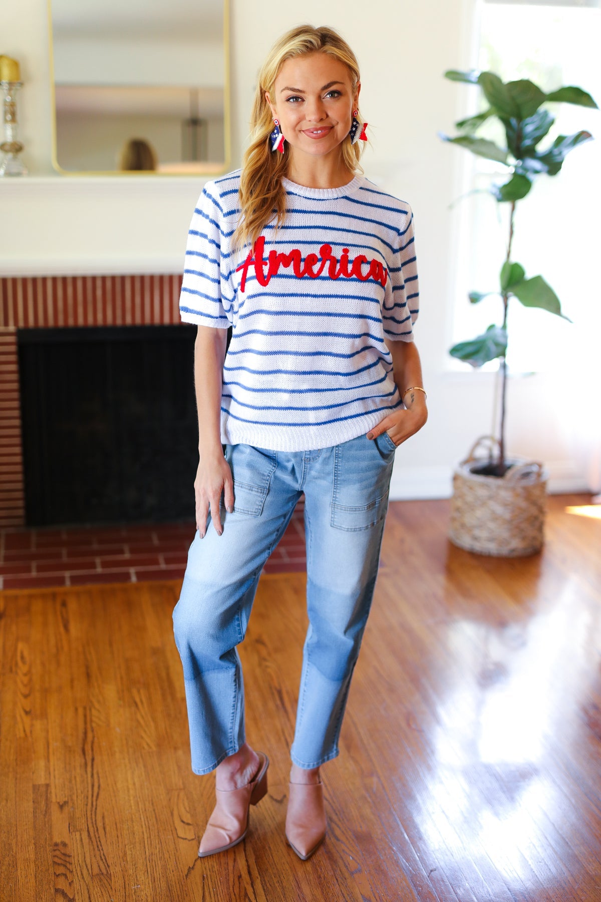 America Proud Striped Embroidered Puff Sleeve Top