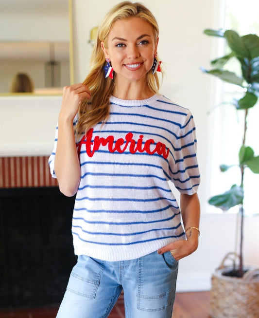 America Proud Striped Embroidered Puff Sleeve Top