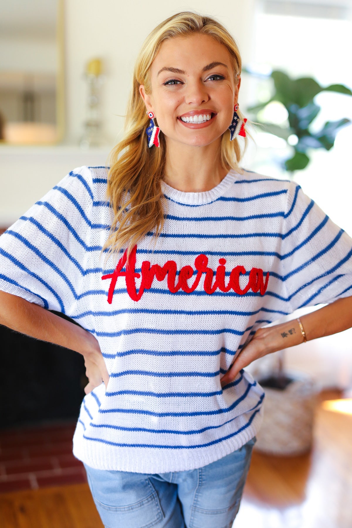 America Proud Striped Embroidered Puff Sleeve Top