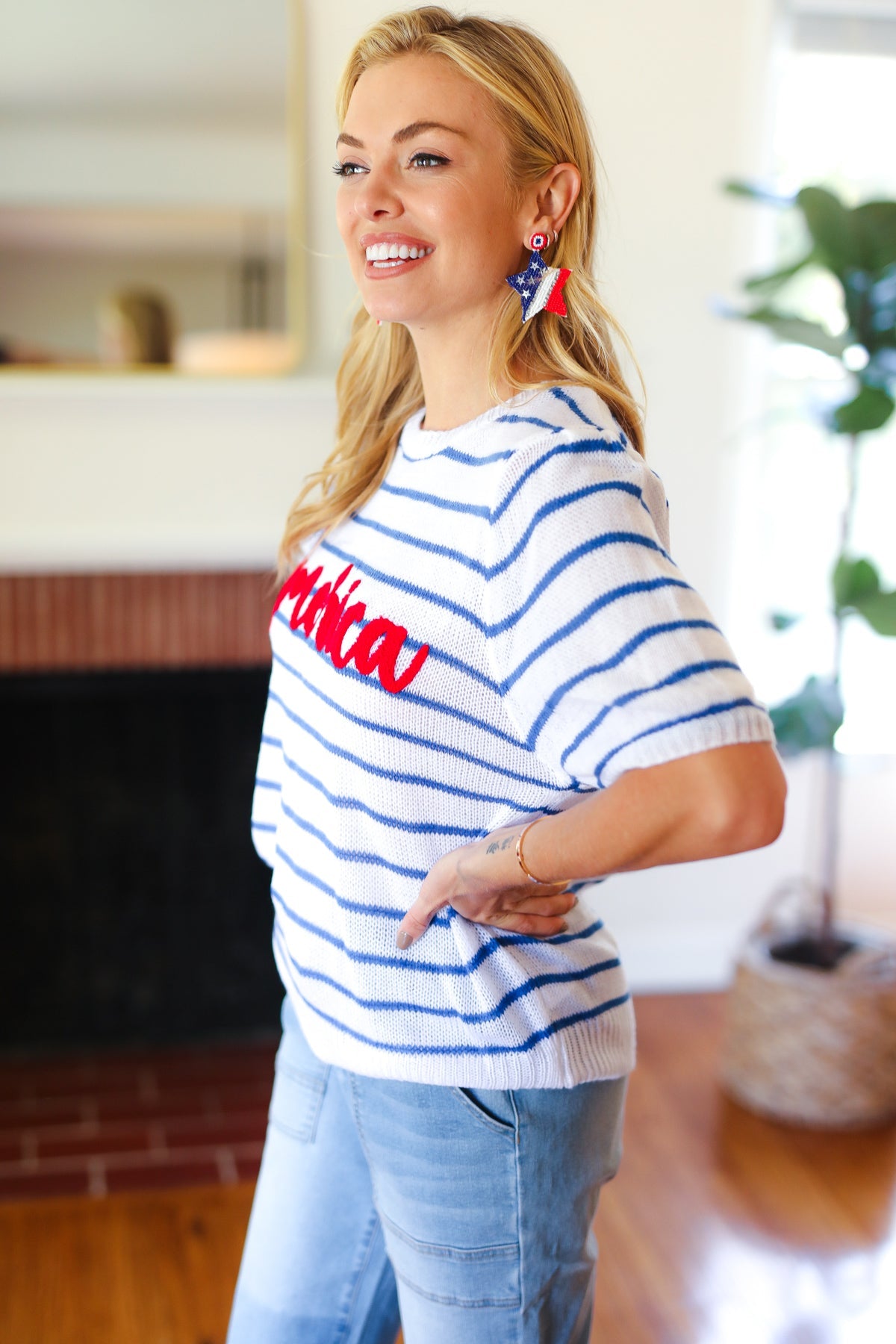 America Proud Striped Embroidered Puff Sleeve Top