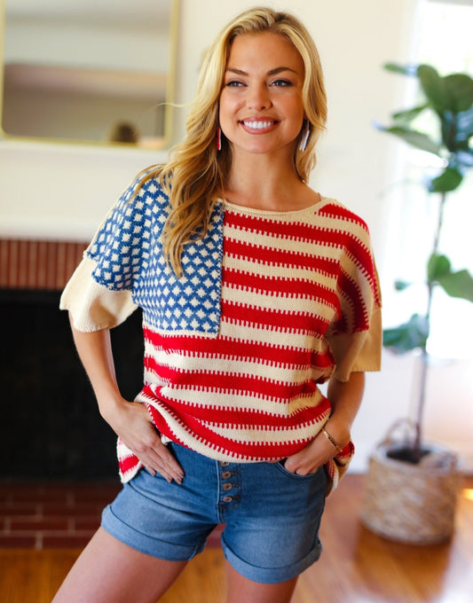 American Flag Jacquard Knit Sweater Top