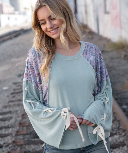 Mint Lace Up French Terry Oversized Pullover