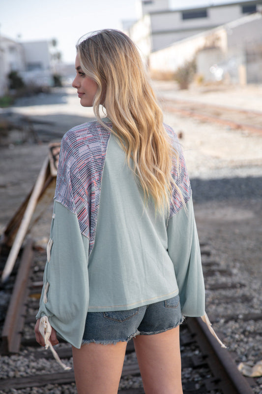 Mint Lace Up French Terry Oversized Pullover