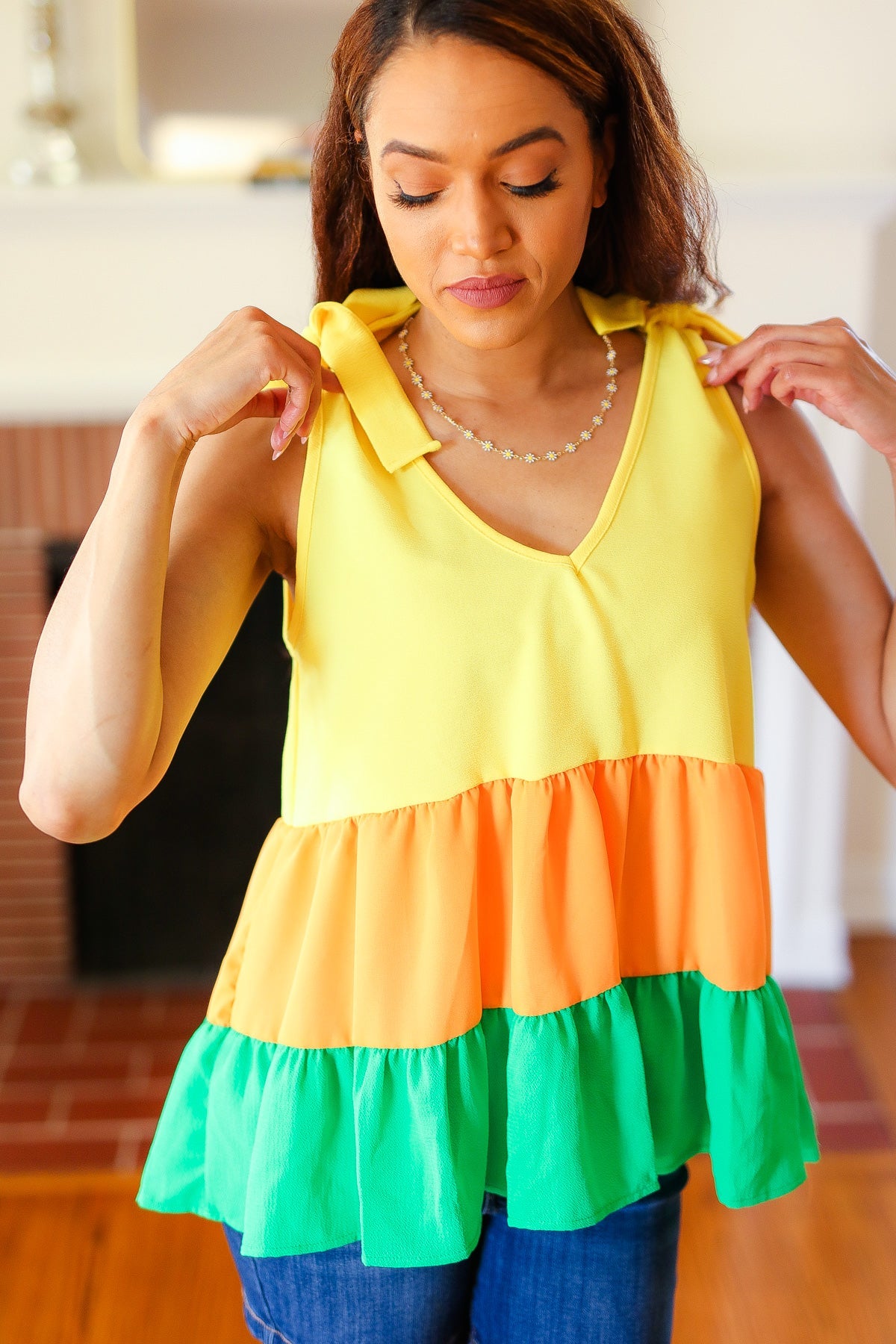 Tangerine Tiered Crepe Top