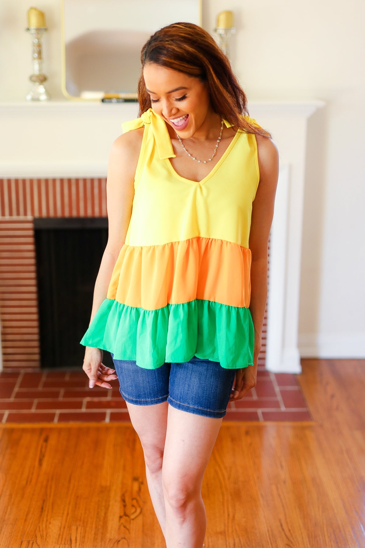 Tangerine Tiered Crepe Top