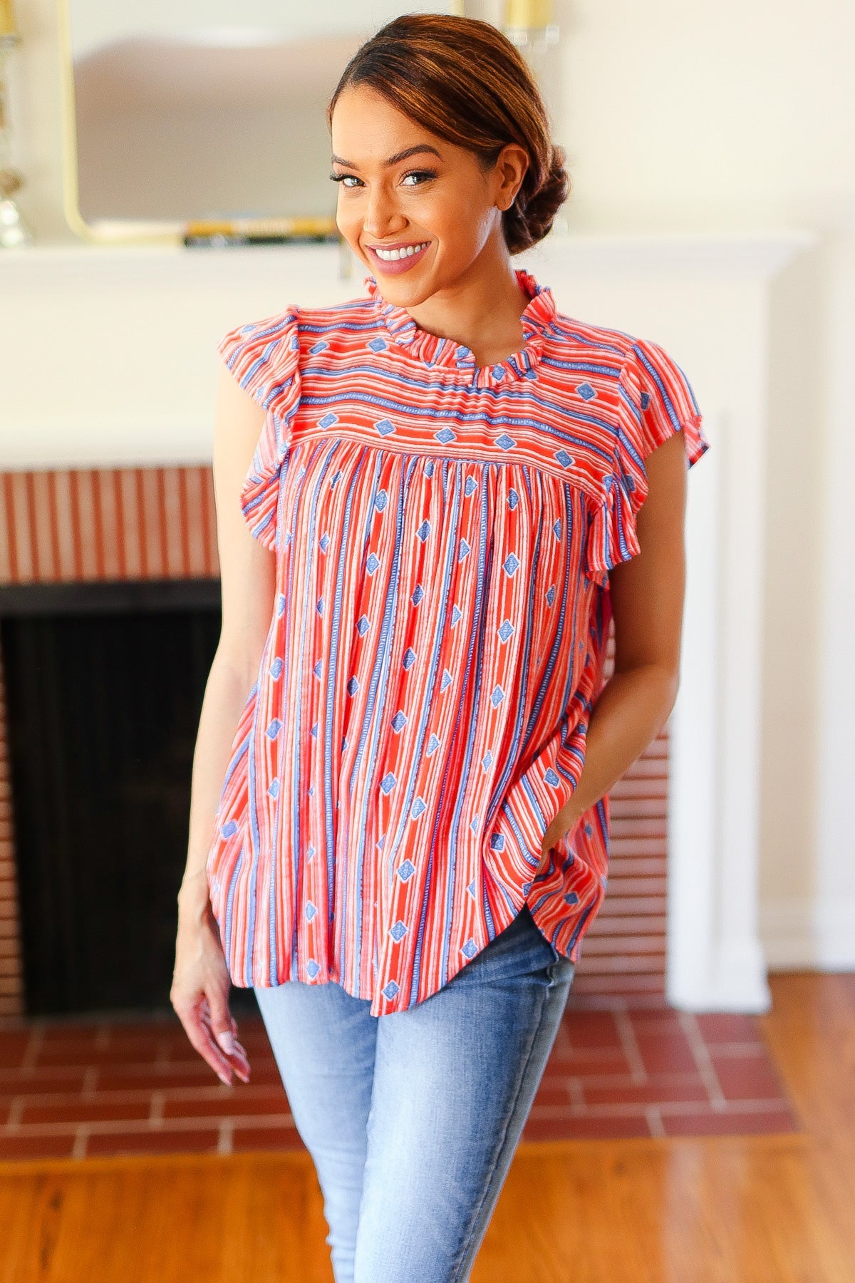 Boho Striped Flutter Sleeve Top