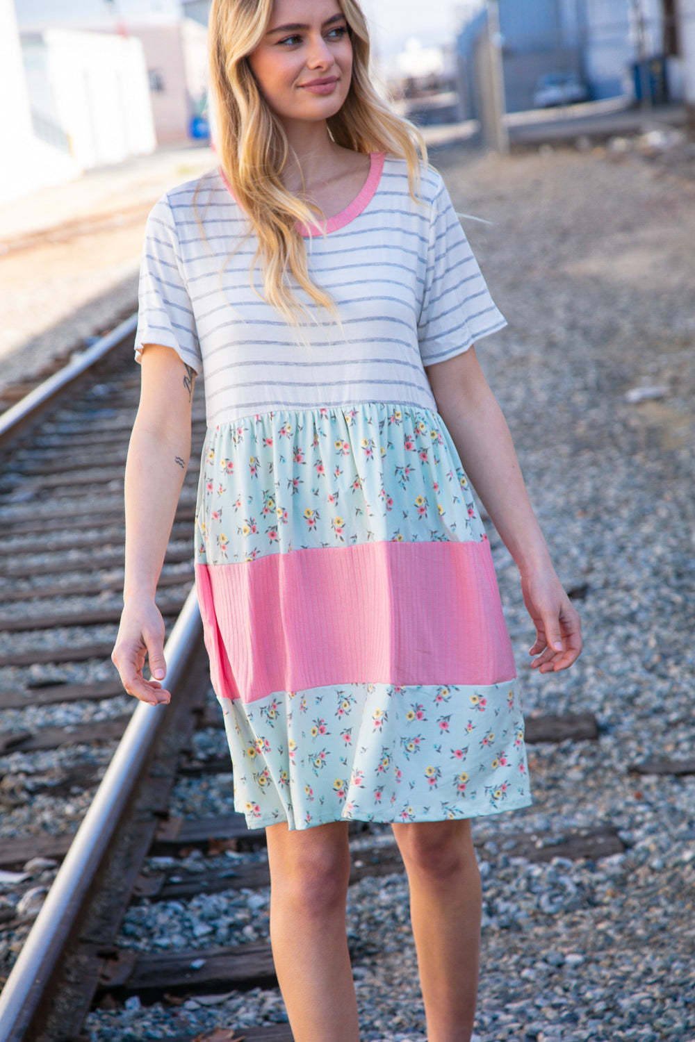 Floral & Stripes Color Block Dress