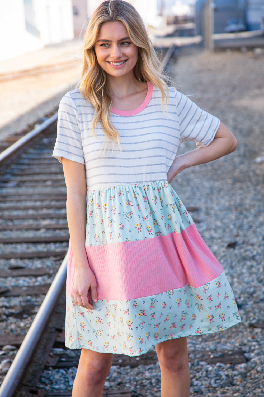 Floral & Stripes Color Block Dress