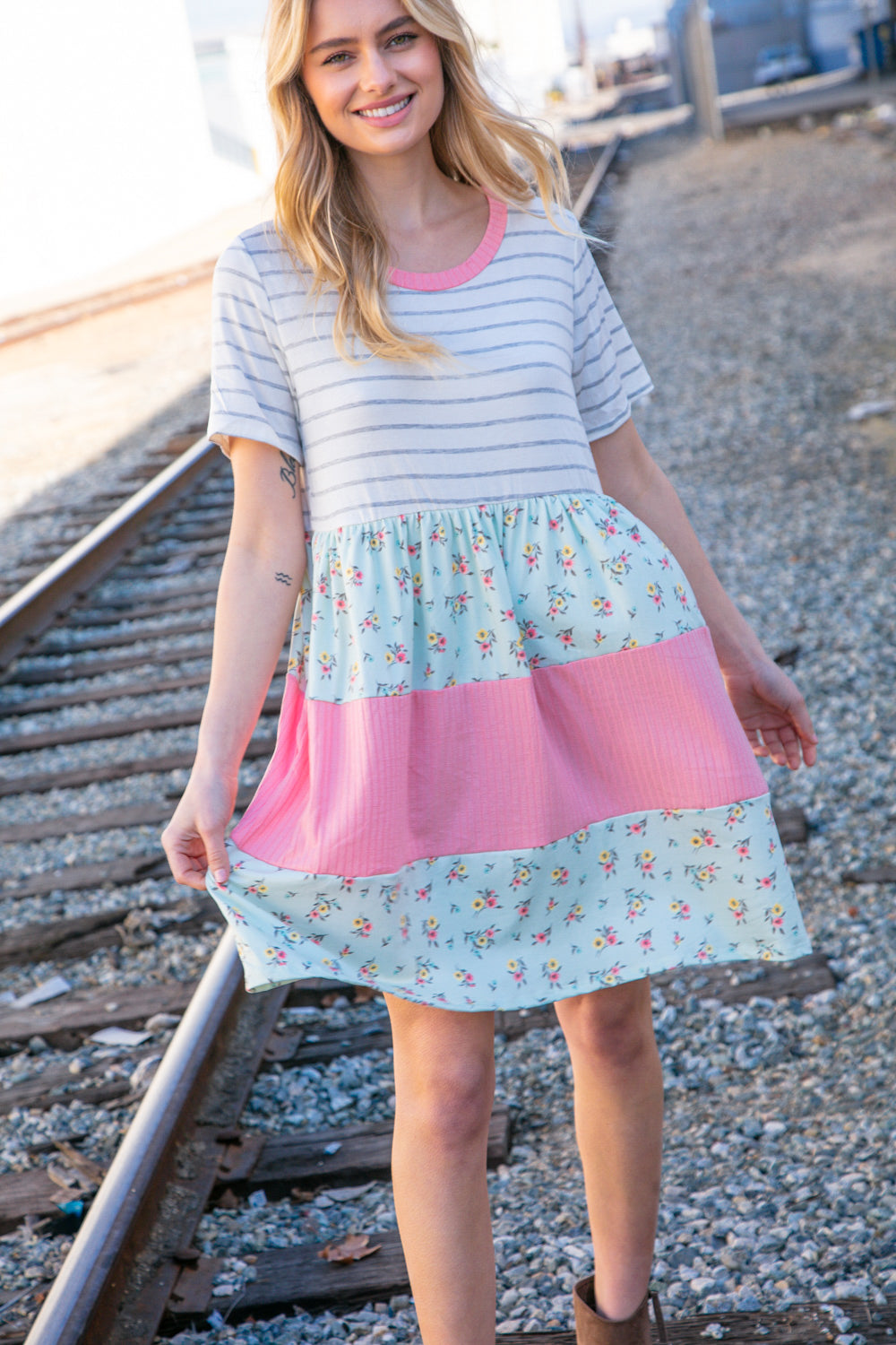 Floral & Stripes Color Block Dress