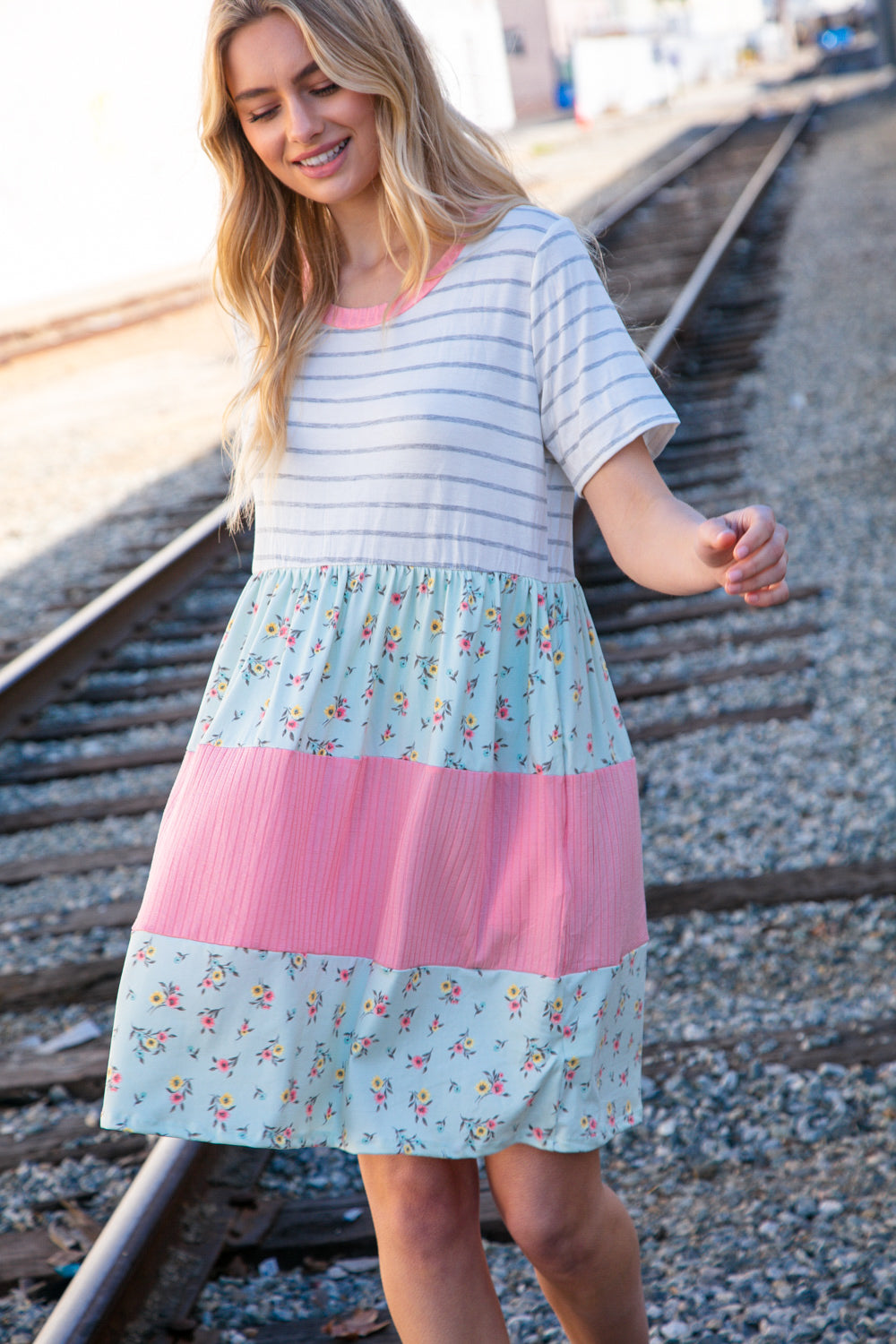 Floral & Stripes Color Block Dress