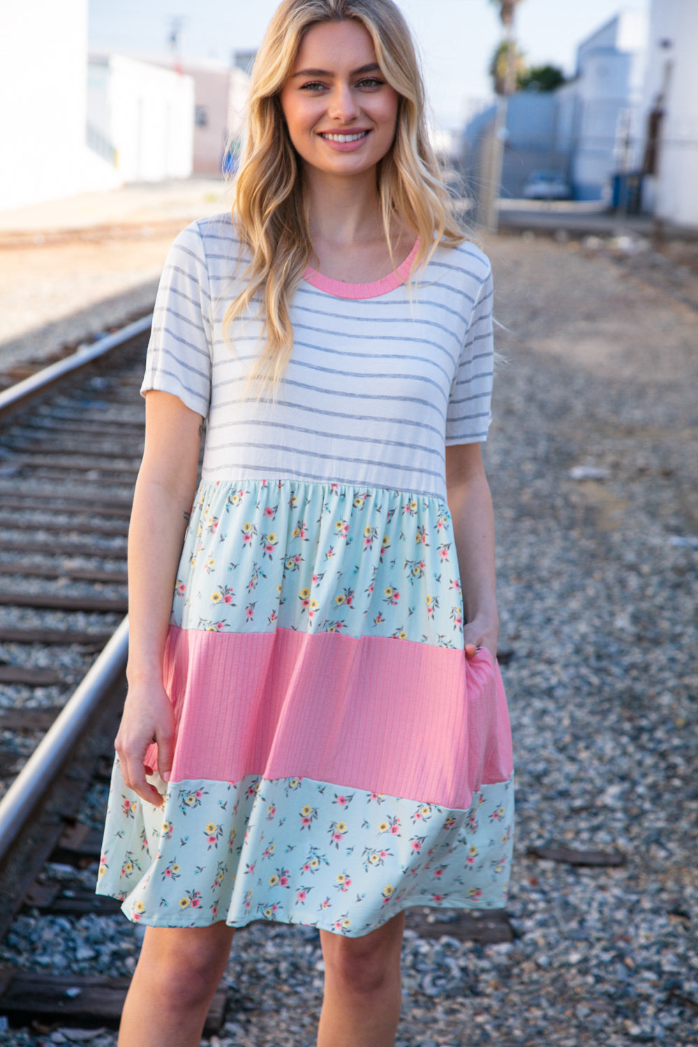 Floral & Stripes Color Block Dress