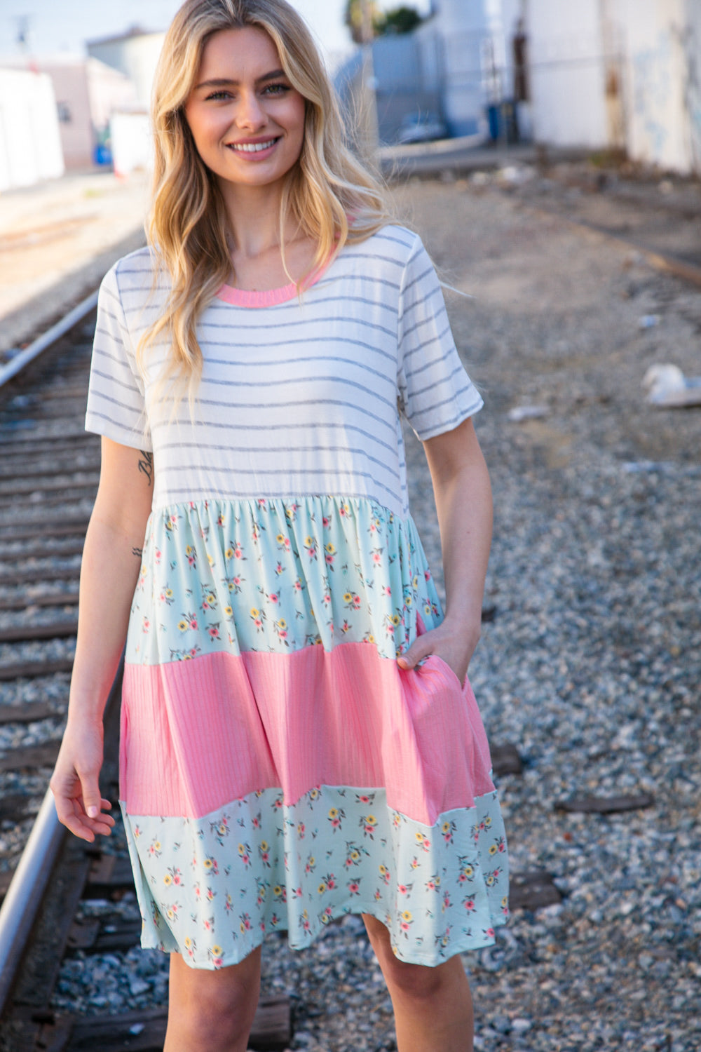 Floral & Stripes Color Block Dress