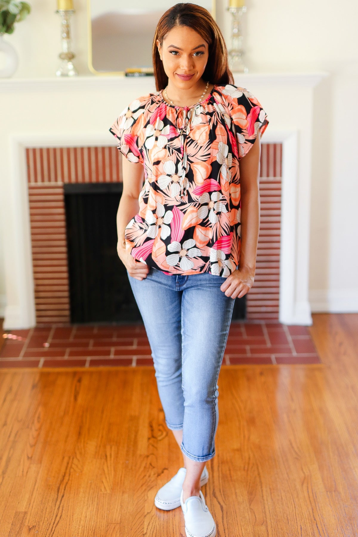 Peach Tropical Floral Raglan Top